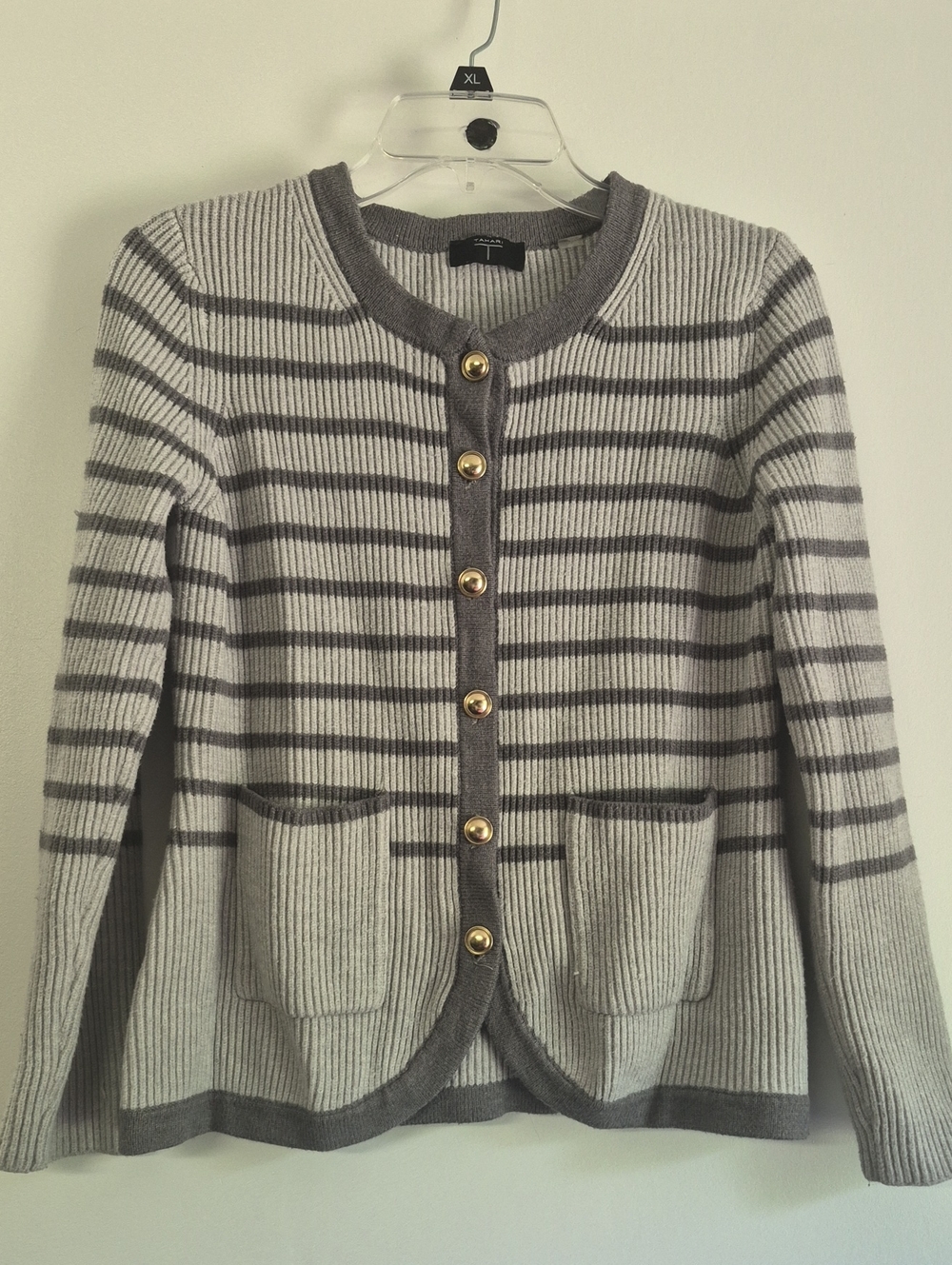 Tahari Gray  Striped Ribbed Button-Front Cardigan SZ S